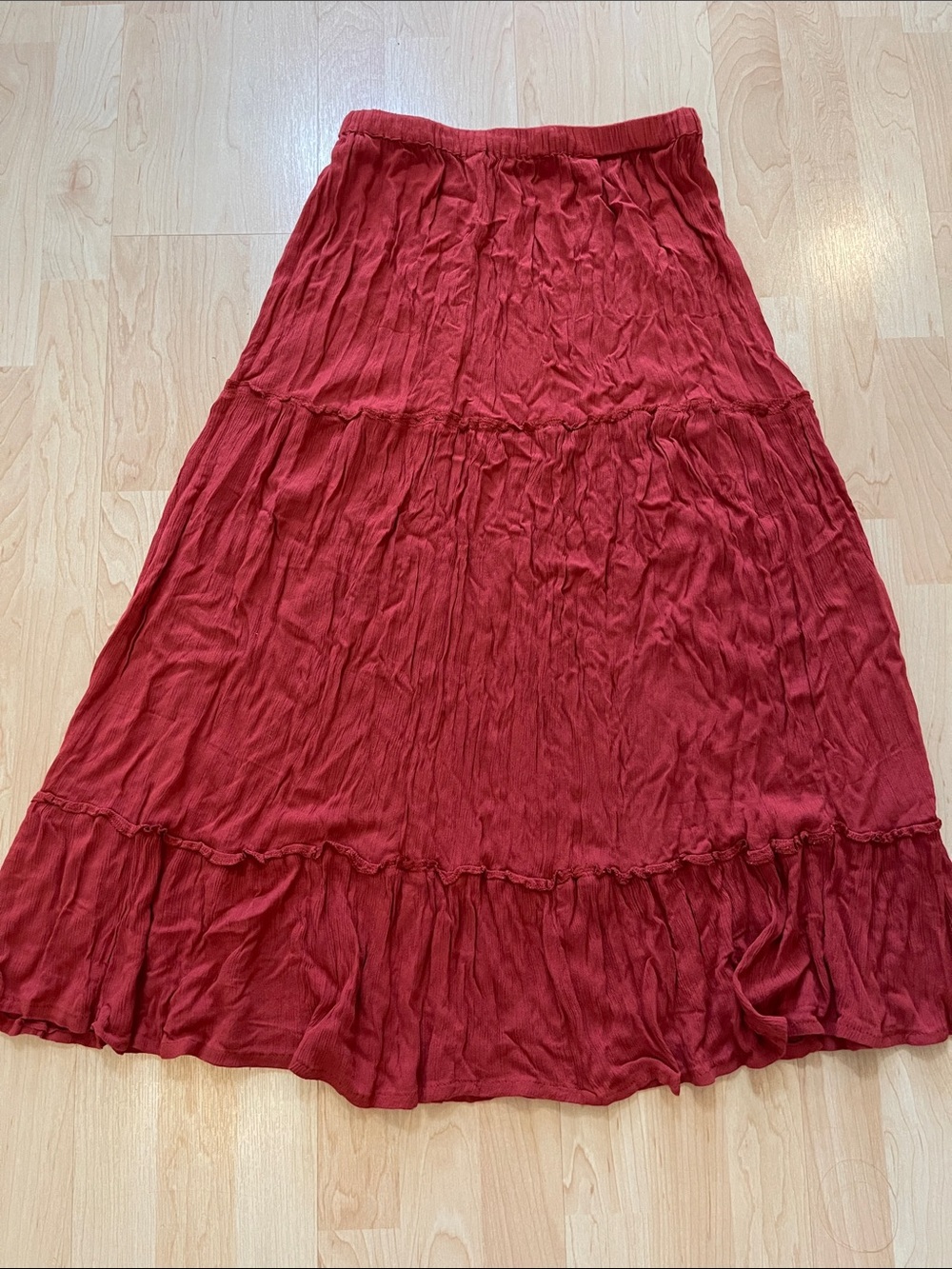 Women's Red Tiered Maxi Skirt with Elastic Waist